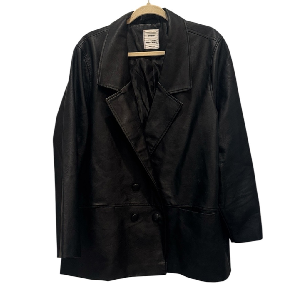 Cotton: On Black Leather Double-Breasted Jacket Size 12